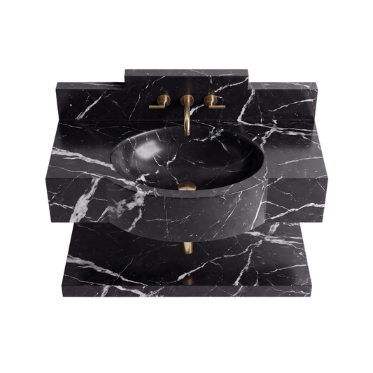 Ardessa 30 inch Nero Marquina floating marble bathroom sink with integrated basin and lower marble shelf