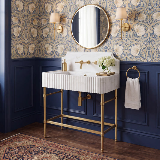 Aria 30 inch Carrara White marble console sink vanity with fluted front and solid brass legs