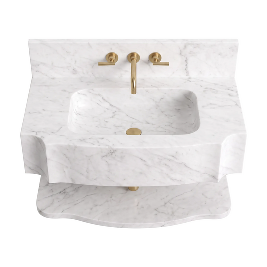 Arizona 30 inch Carrara White floating marble bathroom sink with matching backsplash and lower marble shelf