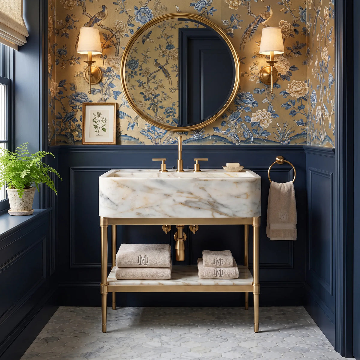Artisan 30 inch Calacatta Gold marble bathroom vanity with sink and solid brass console legs in a luxury bathroom