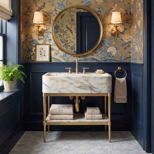 Artisan 30 inch Calacatta Gold marble bathroom vanity with sink and solid brass console legs in a luxury bathroom