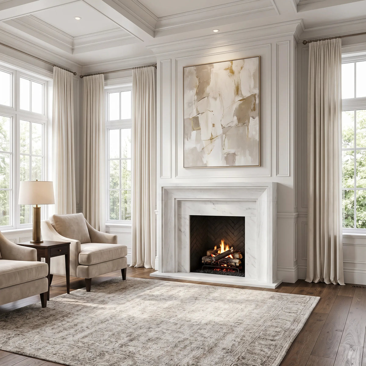 Aspen Carrara White marble fireplace surround featuring natural gray veining, layered geometric molding, and handcrafted architectural details.