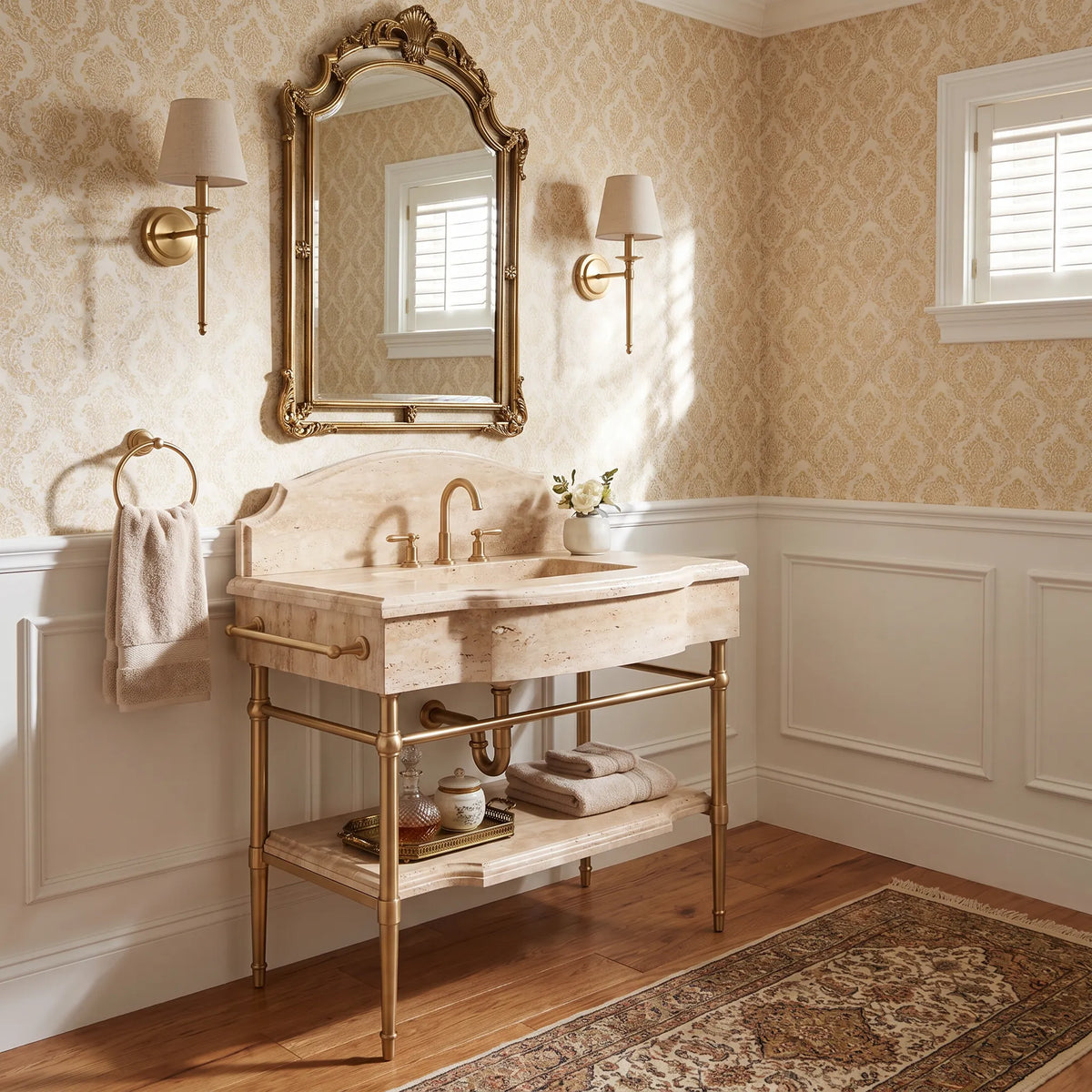 Atelier Noir 30 inch Travertine marble bathroom vanity with sink and solid brass console legs in a luxury bathroom