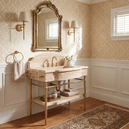 Atelier Noir 30 inch Travertine marble bathroom vanity with sink and solid brass console legs in a luxury bathroom