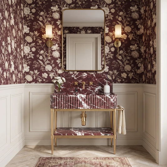 Atelier 30 inch Rosso Levanto marble bathroom vanity with sink and solid brass console legs in a luxury bathroom