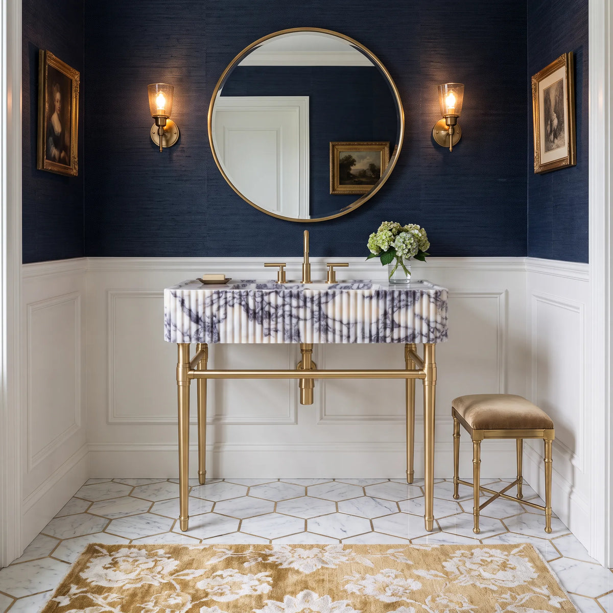 Aureo 30 inch Calacatta Viola marble bathroom vanity with sink and solid brass console legs in a luxury bathroom