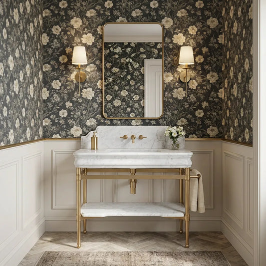 Auris 36 inch Carrara White marble bathroom sink vanity with solid brass console legs in a luxury powder room