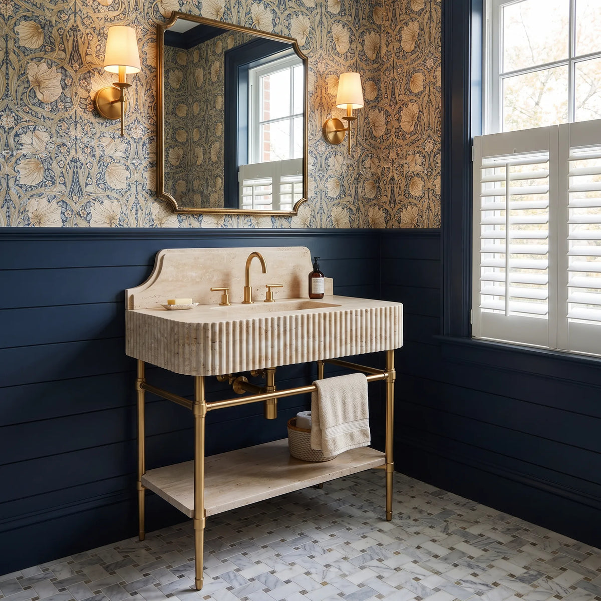 Aurum 30 inch Travertine marble bathroom vanity with sink and solid brass console legs in a luxury bathroom