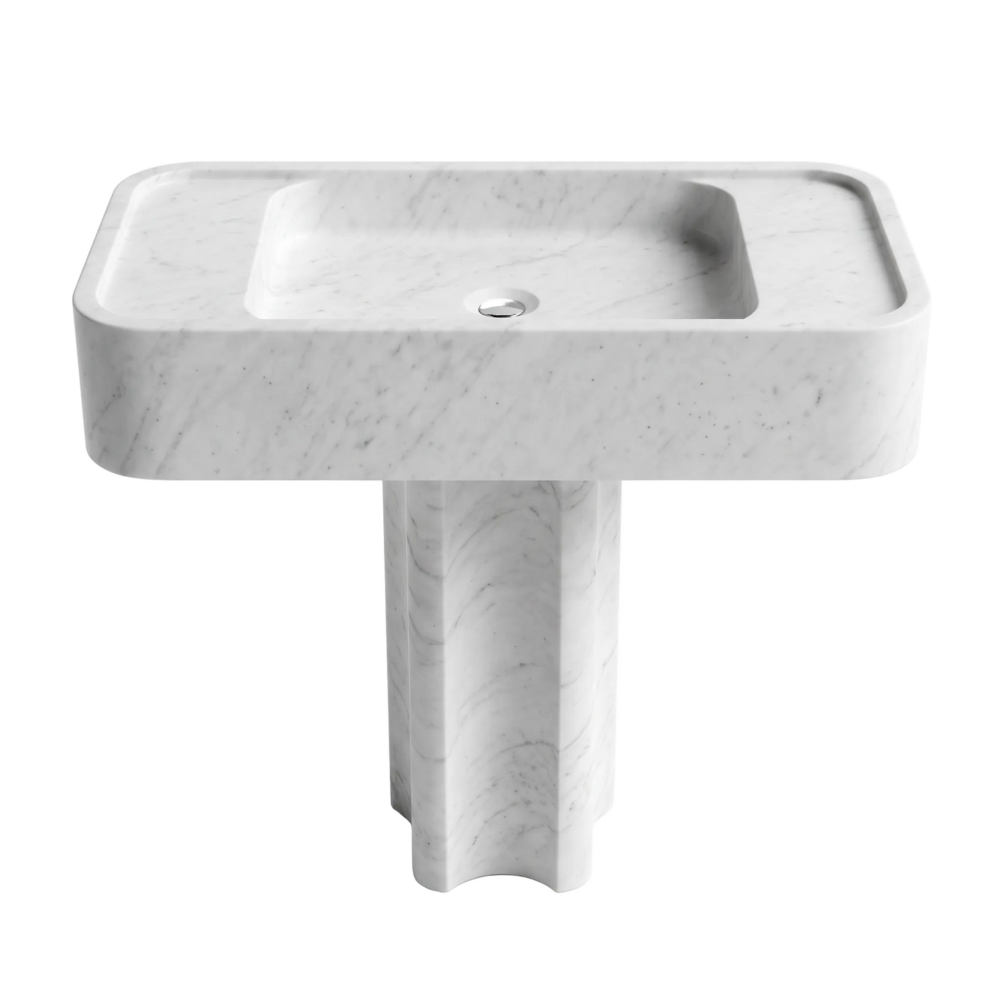 Avelin custom Carrara White marble pedestal bathroom sink with rectangular carved basin, rounded corners and sculpted pedestal base