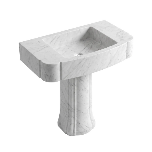 Avelino custom Carrara White marble pedestal bathroom sink with integrated rectangular basin, sculpted curved apron and architectural pedestal base