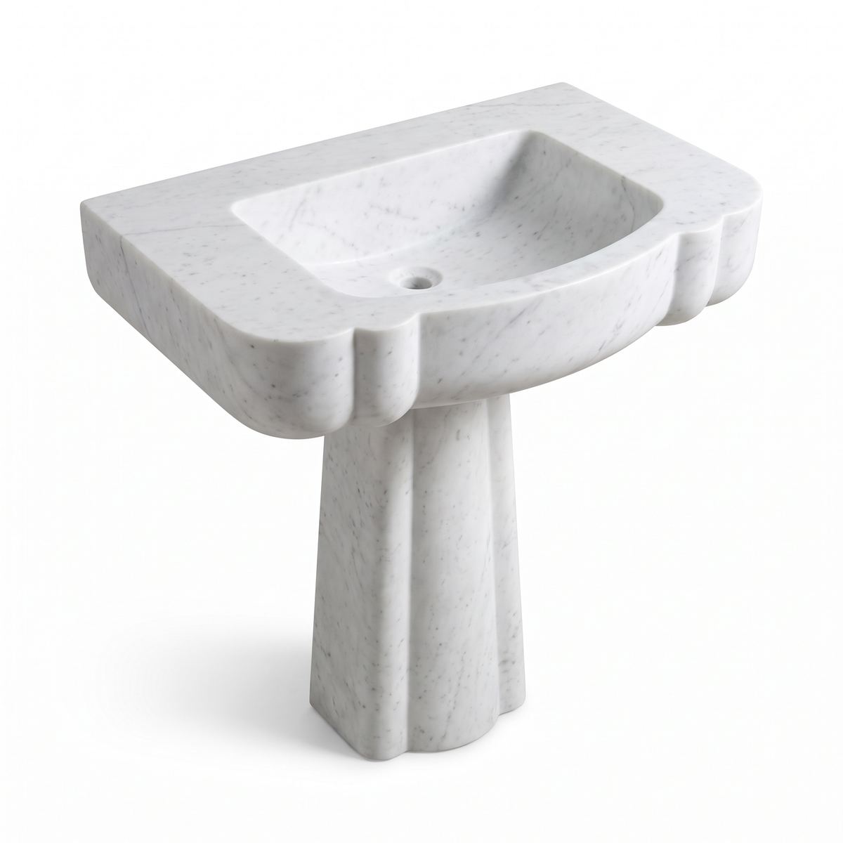 Avelino custom Carrara White marble pedestal bathroom sink with integrated rectangular basin, sculpted curved apron and architectural pedestal base