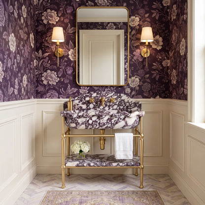 Avellino 30 inch Calacatta Viola marble bathroom vanity with sink and solid brass console legs in a luxury bathroom