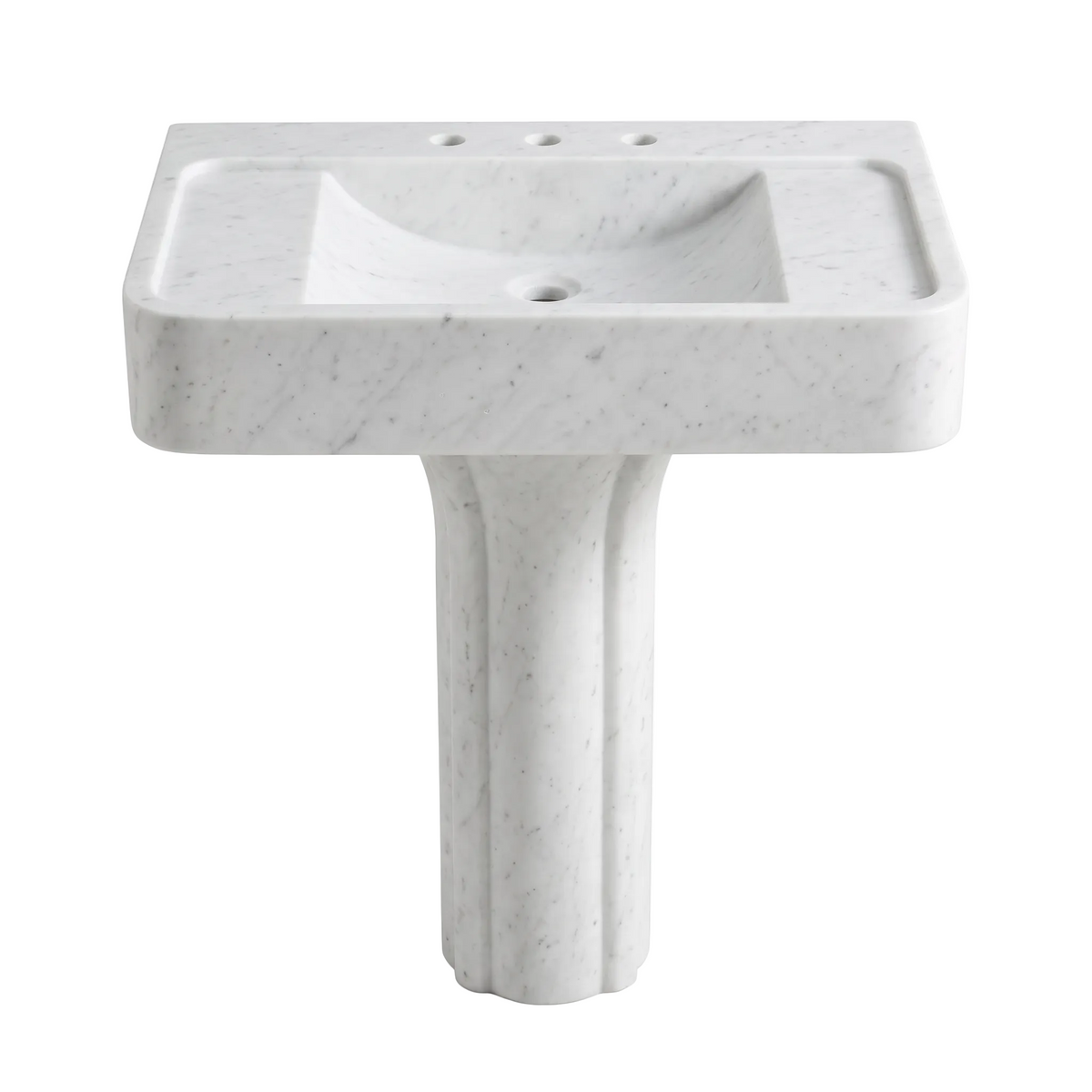 Avellino custom Carrara White marble pedestal bathroom sink with integrated rectangular basin, side trays and sculpted pedestal base
