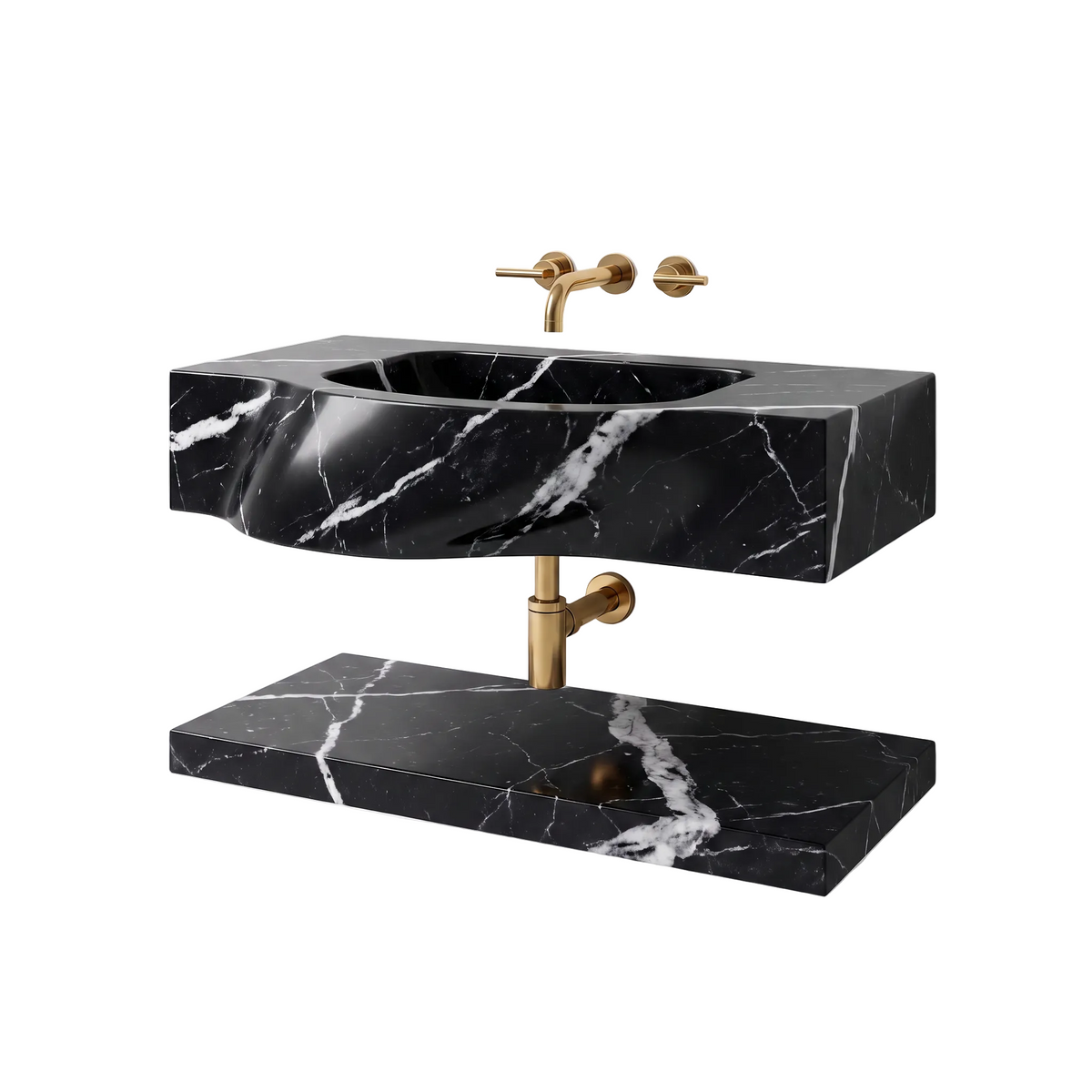 Avelon 30 inch Nero Marquina floating marble bathroom sink with lower marble shelf