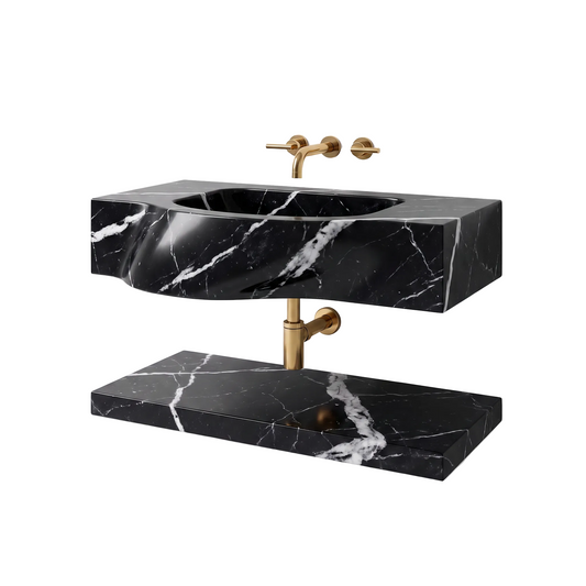 Avelon 30 inch Nero Marquina floating marble bathroom sink with lower marble shelf