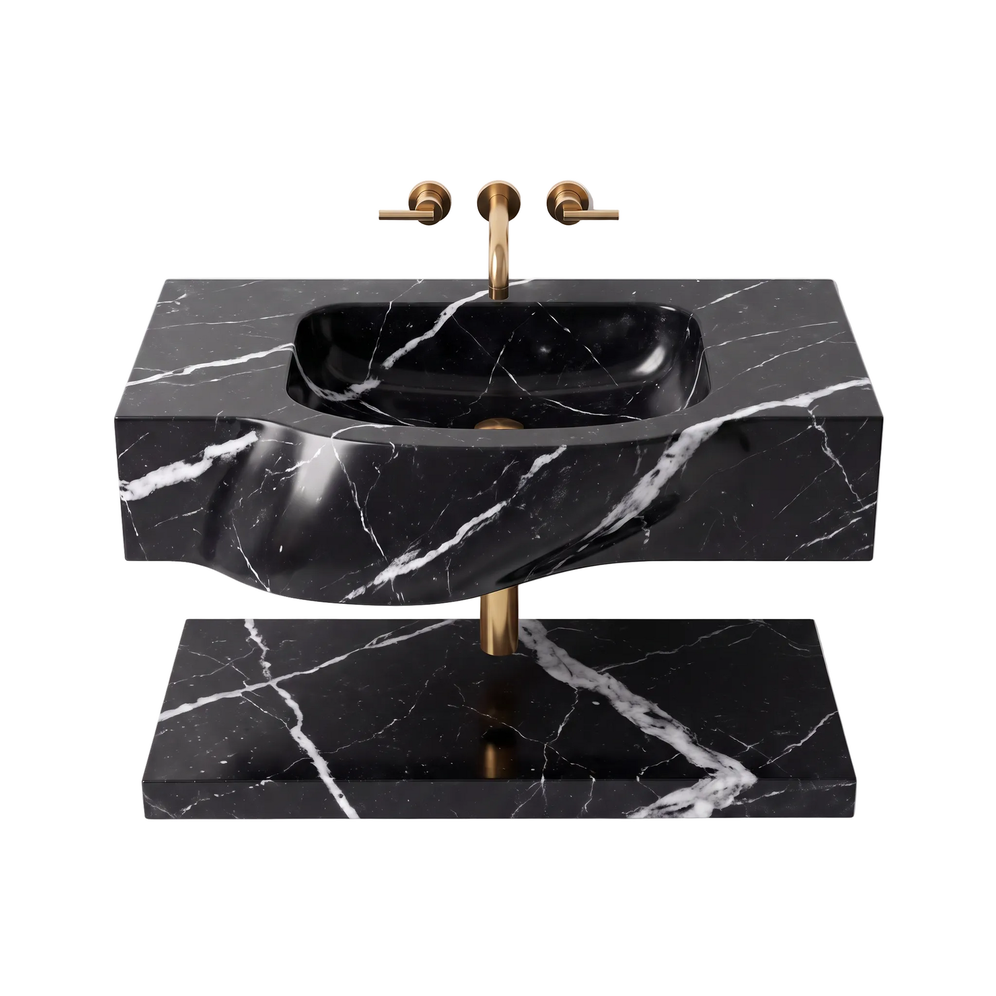 Avelon 30 inch Nero Marquina wall mounted marble bathroom sink with matching floating marble shelf