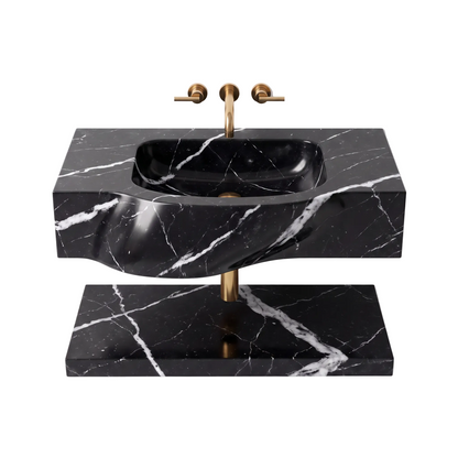 Avelon 30 inch Nero Marquina wall mounted marble bathroom sink with matching floating marble shelf