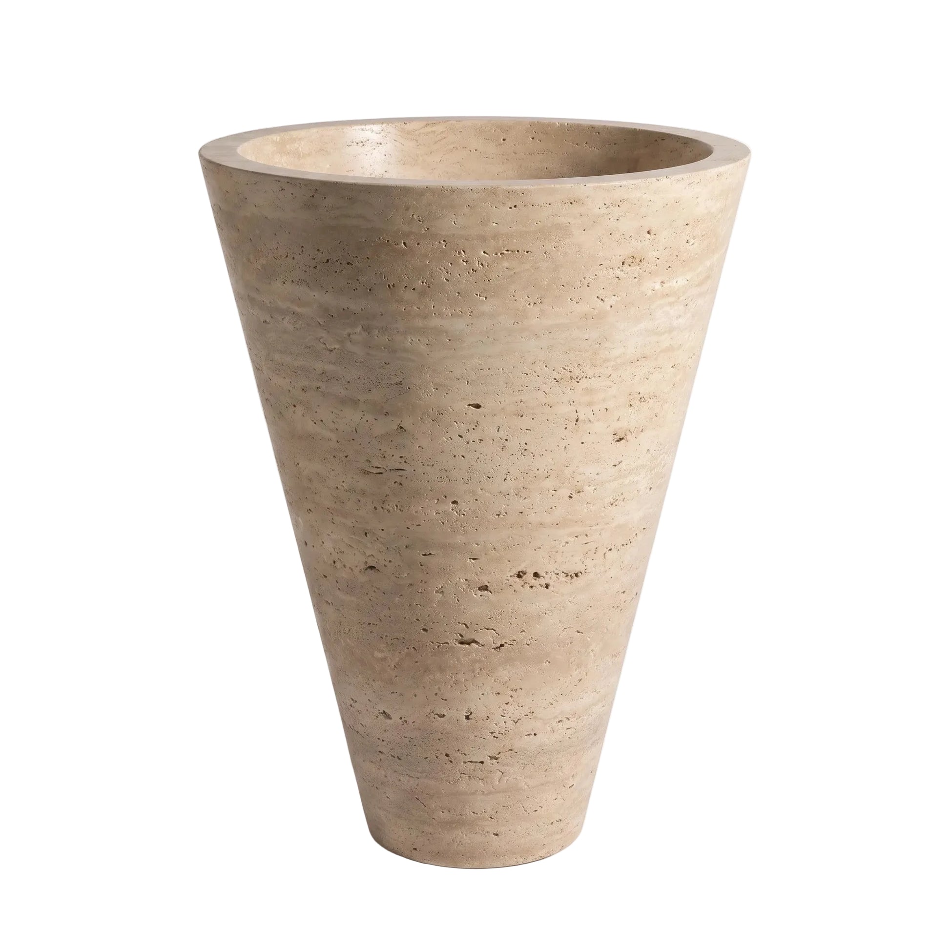 Averden natural travertine pedestal bathroom sink with integrated round basin and tapered sculptural stone base
