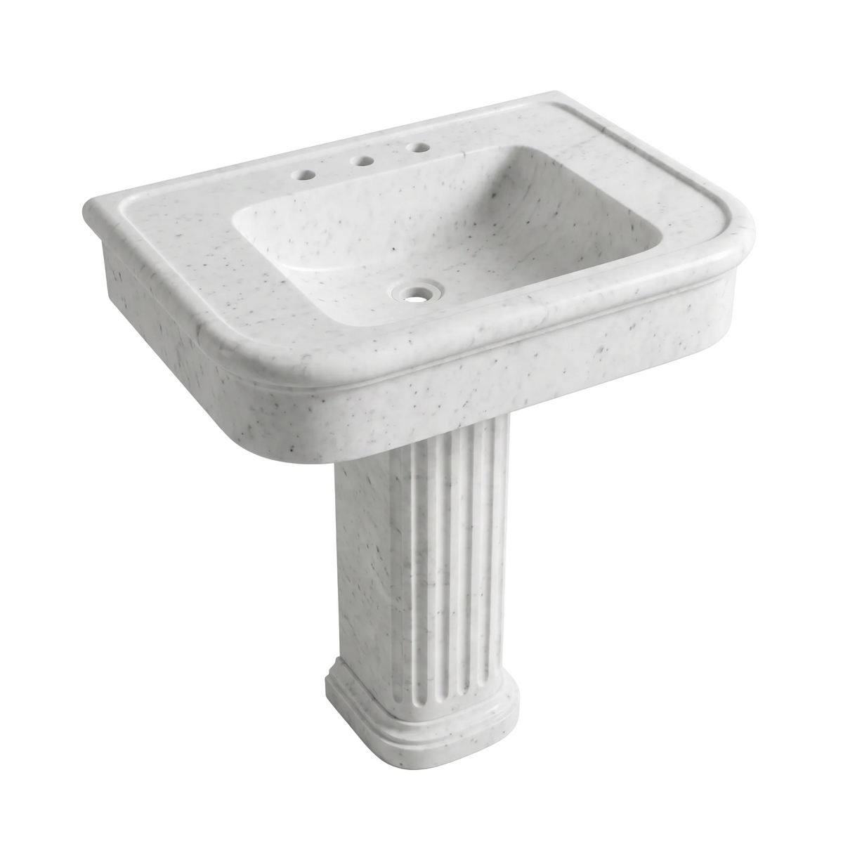 Custom Carrara White marble pedestal bathroom sink with integrated rectangular basin, rounded edges, three faucet holes and fluted pedestal base