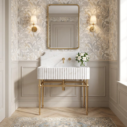 Avoria 30 inch Carrara White marble console sink vanity with fluted front and brass legs
