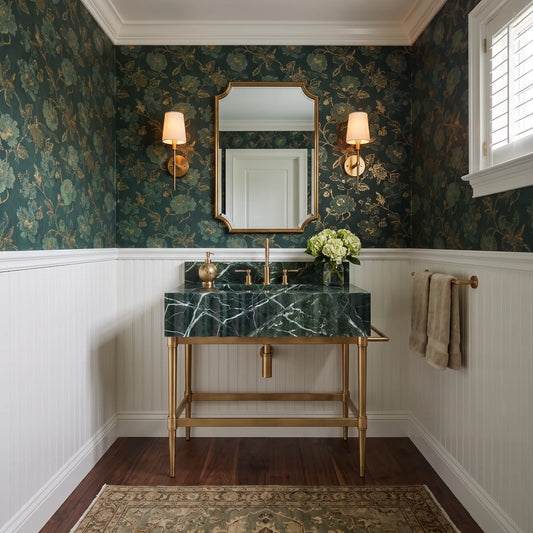 Avorio 30 inch Calacatta Viola marble bathroom vanity with sink and solid brass console legs in a luxury bathroom
