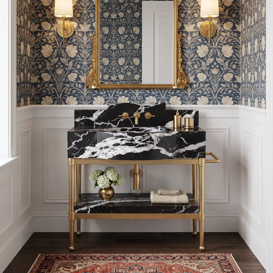 Axis 30 inch Nero Marquina marble bathroom vanity with sink and solid brass console legs in a luxury bathroom