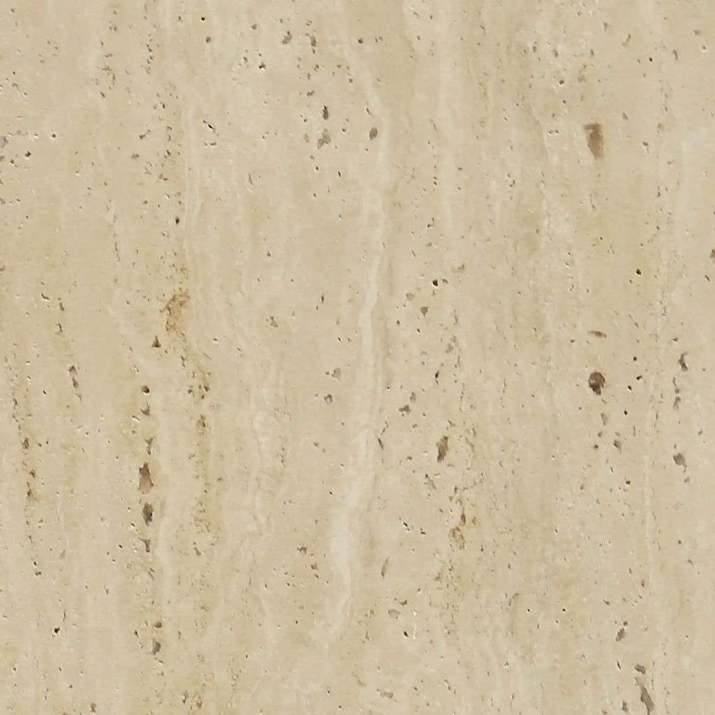Beige travertine stone with natural vertical veining and subtle speckled texture.
