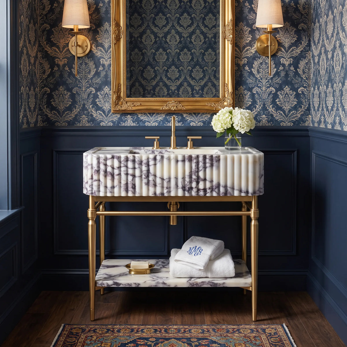 Bellagio 30 inch Calacatta Viola marble bathroom vanity with sink and solid brass console legs in a luxury bathroom