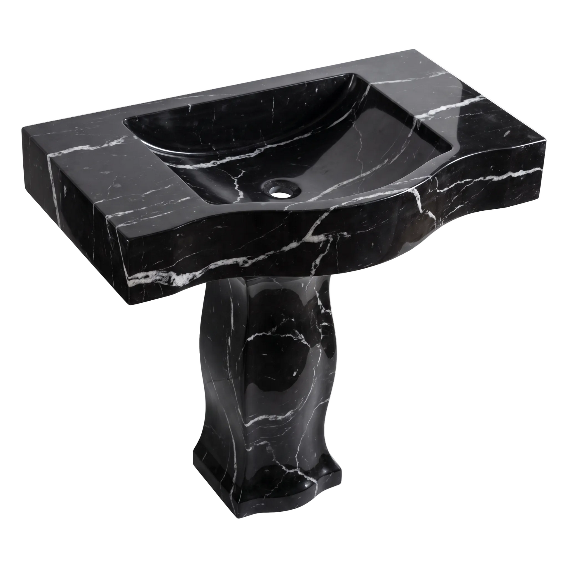 Bellagio custom Nero Marquina marble pedestal bathroom sink with integrated carved basin, curved sculptural front and polished black marble with natural white veining
