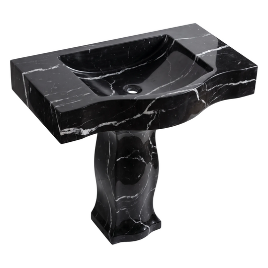 Bellagio custom Nero Marquina marble pedestal bathroom sink with integrated carved basin, curved sculptural front and polished black marble with natural white veining