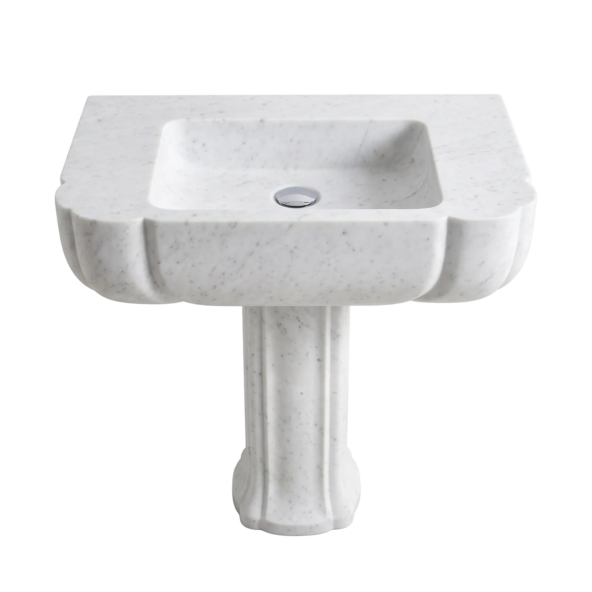 Bellavere custom Carrara White marble pedestal bathroom sink with integrated rectangular basin, sculpted apron and fluted pedestal base
