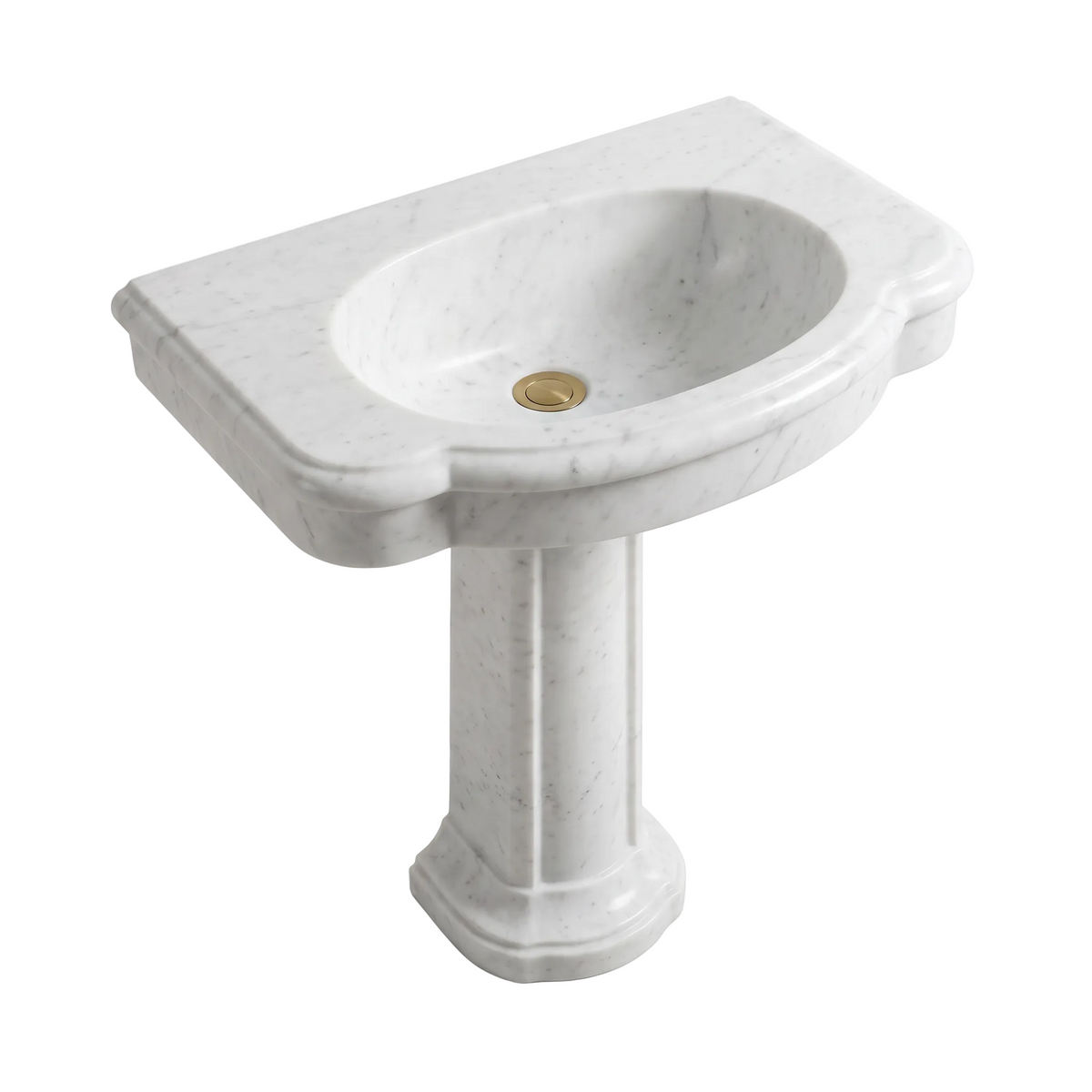 Bellavere custom Carrara White marble pedestal bathroom sink with integrated oval basin, sculpted curved front edge, architectural pedestal base and brass drain