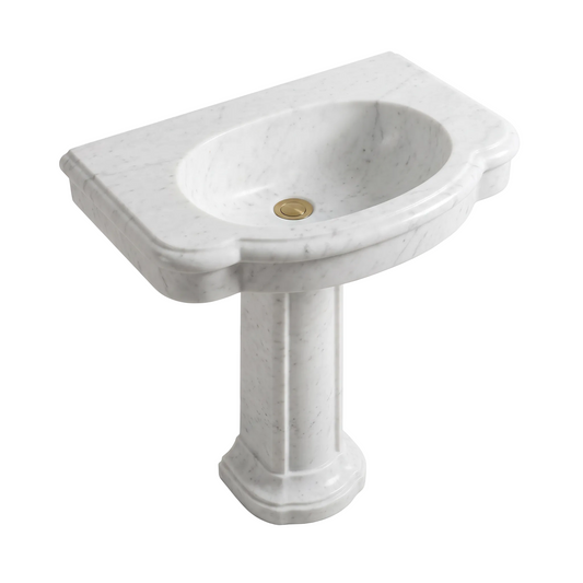 Bellavere custom Carrara White marble pedestal bathroom sink with integrated oval basin, sculpted curved front edge, architectural pedestal base and brass drain