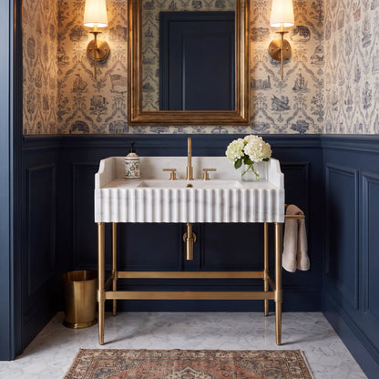 Bellessa 30 inch Carrara White marble console sink vanity with fluted front and solid brass legs
