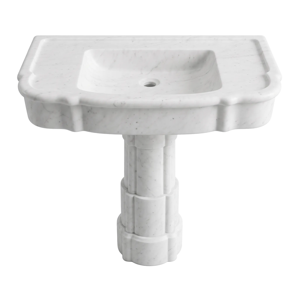 Bellgrave custom Carrara White marble pedestal bathroom sink with rectangular carved basin, scalloped edges and architectural column base