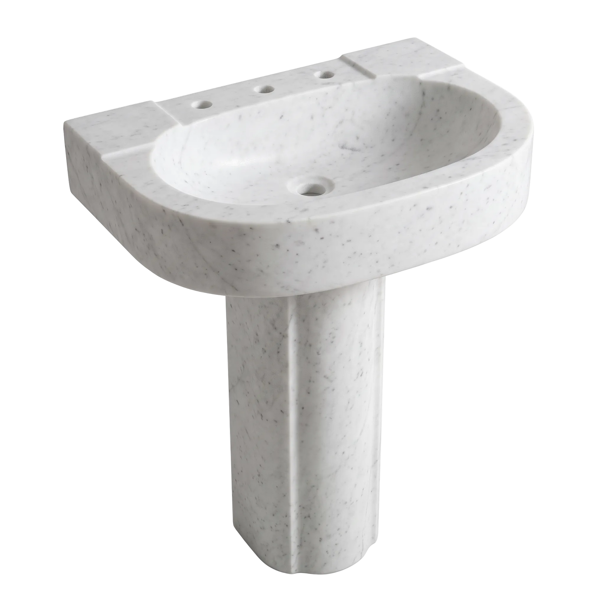 Bellgrave custom Carrara White marble pedestal bathroom sink with integrated oval basin, rounded sculpted front, three faucet holes and solid pedestal base