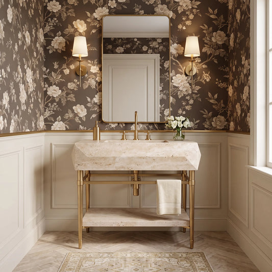 Bellora 30 inch Calacatta Viola marble bathroom vanity with sink and solid brass console legs in a luxury bathroom