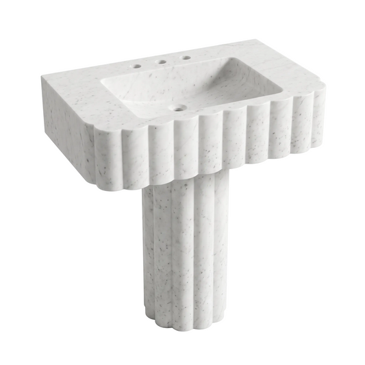 Belluno custom Carrara White marble pedestal bathroom sink with scalloped front apron, integrated carved basin and sculptural fluted pedestal