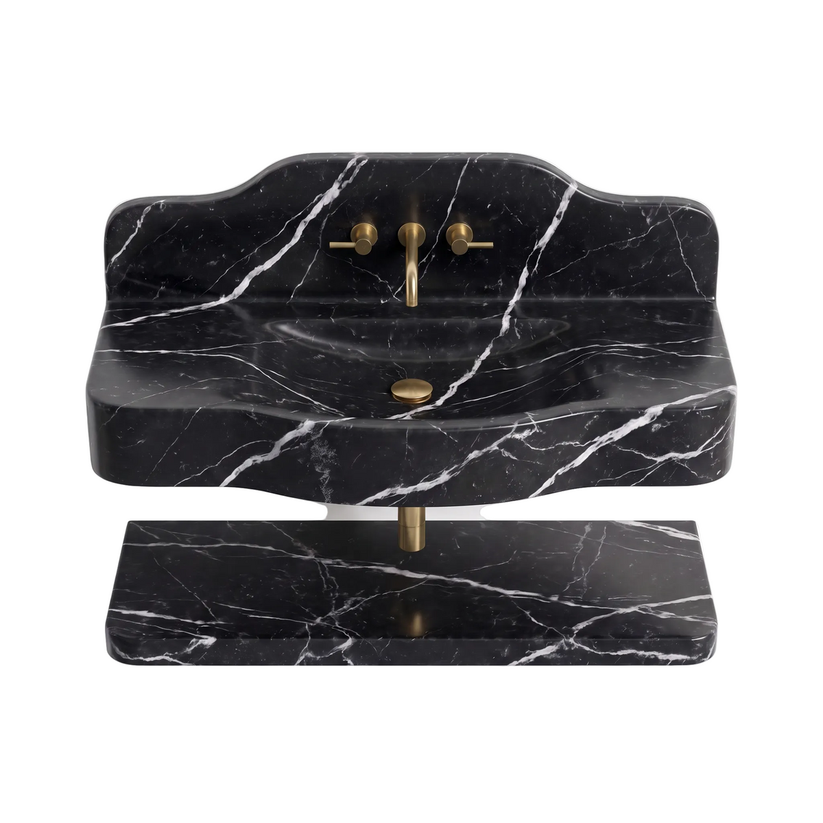 Belluno 30 inch Nero Marquina floating marble bathroom sink with lower marble shelf