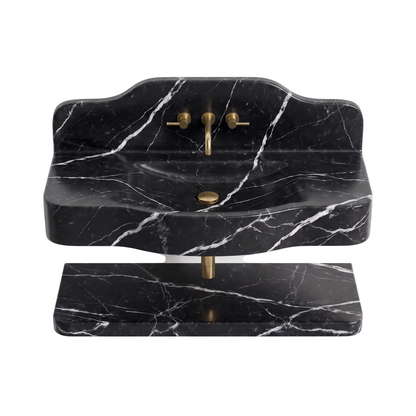 Belluno 30 inch Nero Marquina floating marble bathroom sink with lower marble shelf
