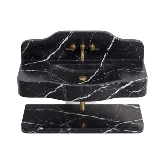 Belluno 30 inch Nero Marquina floating marble bathroom sink with lower marble shelf