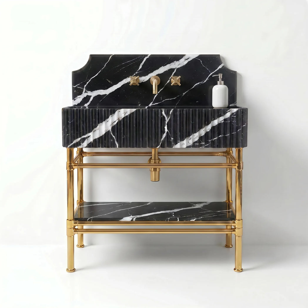 30" Nero Marquie Marble Sink With Brass Console Legs