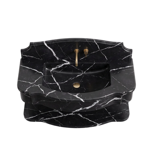 Brescia 30 inch Nero Marquina floating marble bathroom sink with lower marble shelf