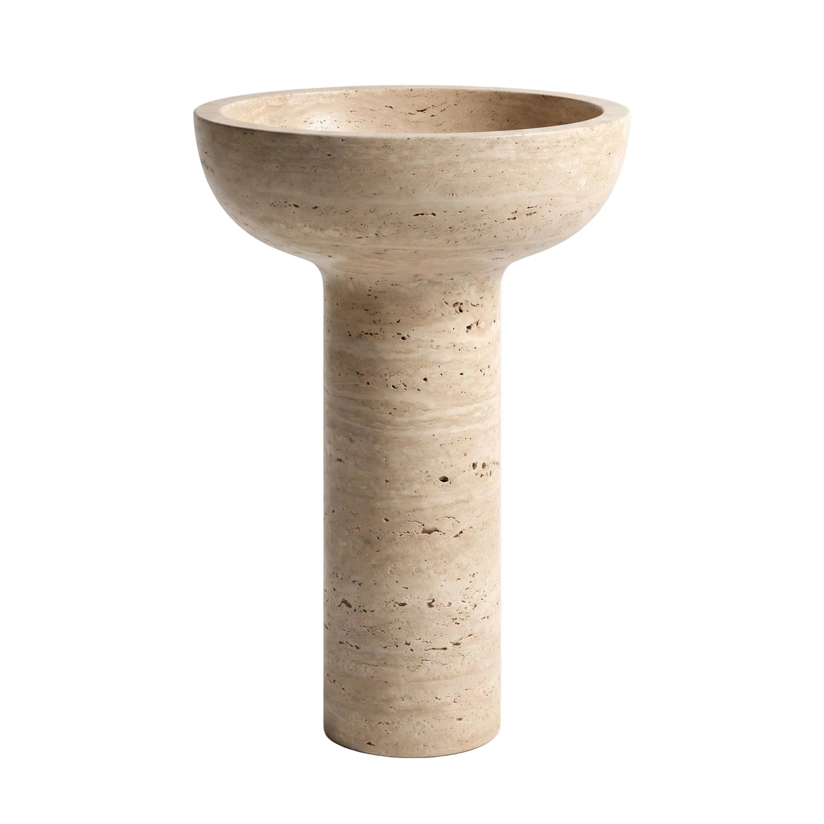 Brevant natural travertine pedestal bathroom sink with sculptural round basin and cylindrical freestanding base