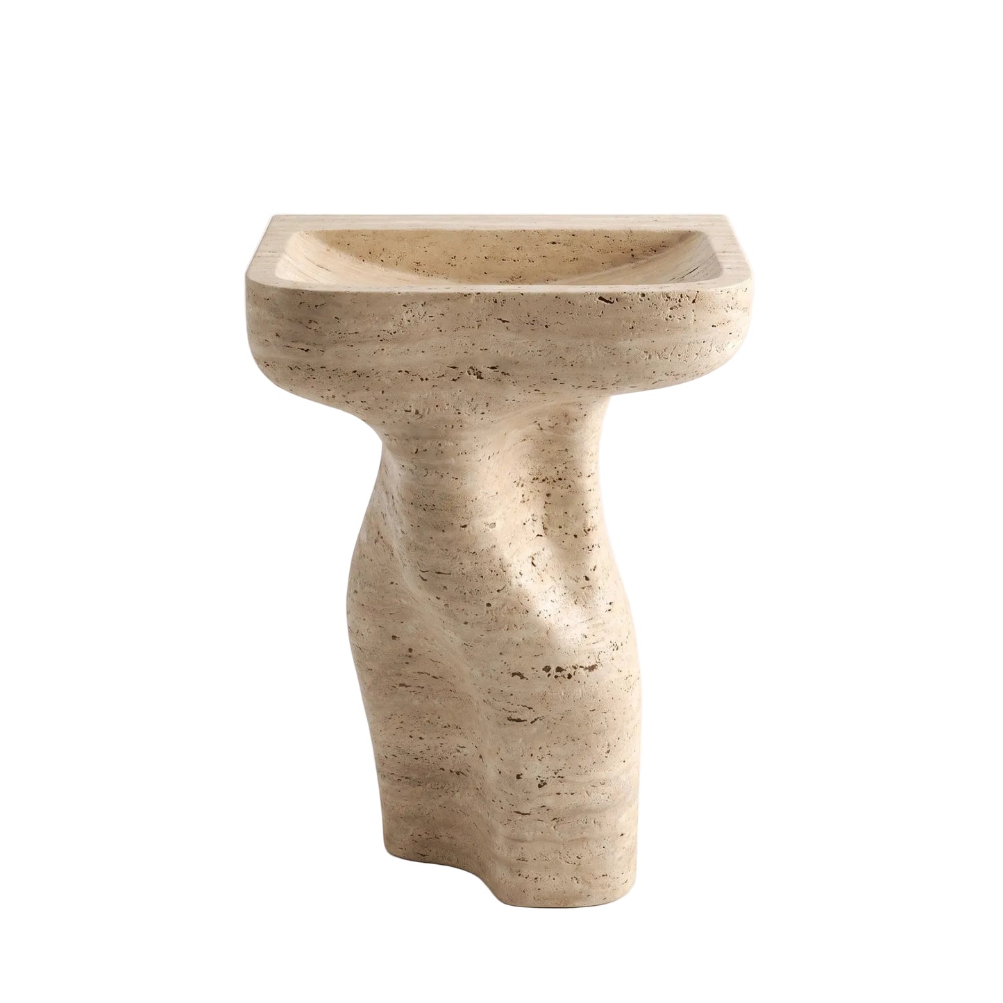 Caelric natural travertine pedestal bathroom sink with rectangular carved basin and organic sculptural curved base