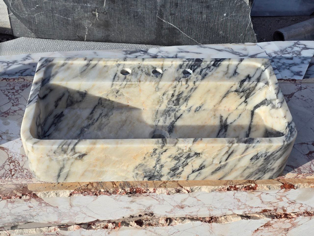 Calacatta Bej Marble Sink 24’’ – Wall Mounted Floating Vanity – Luxury Bathroom Sink Handmade