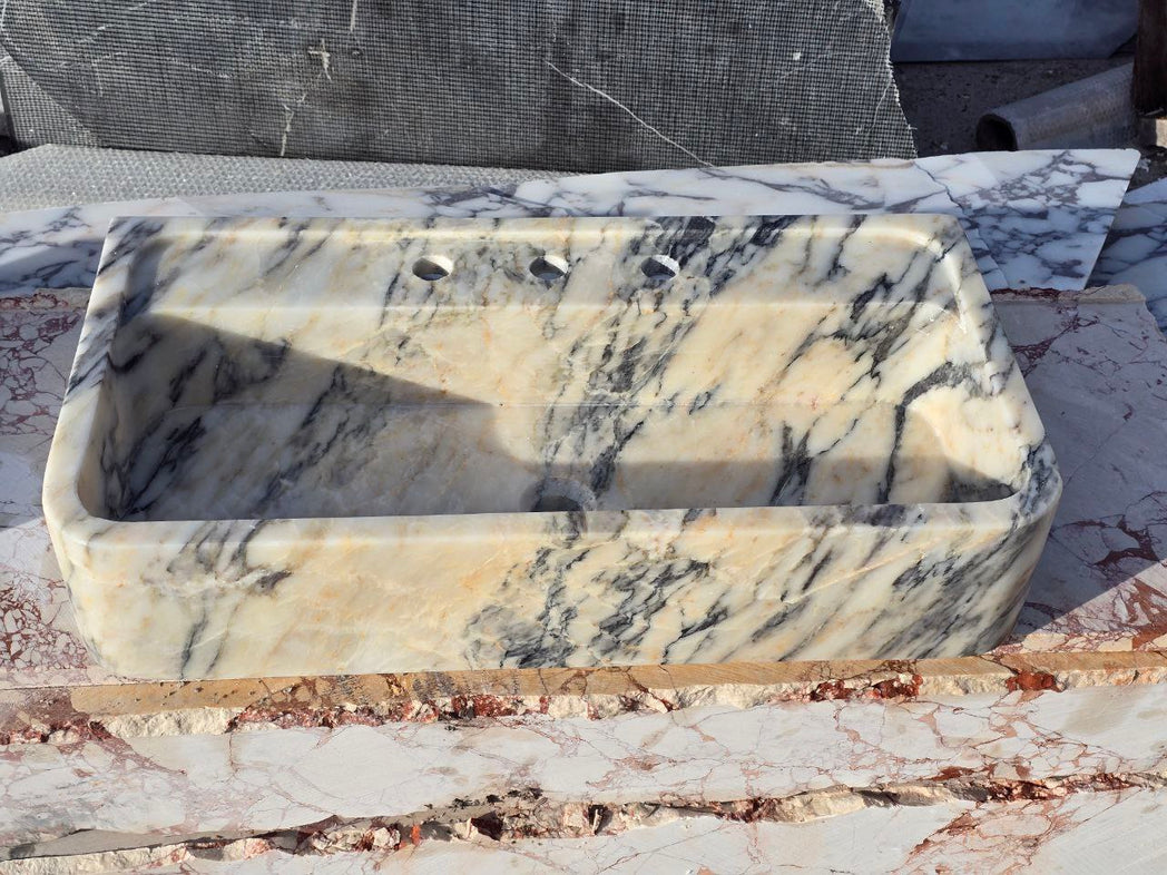 Calacatta Bej Marble Sink 24’’ – Wall Mounted Floating Vanity – Luxury Bathroom Sink Handmade