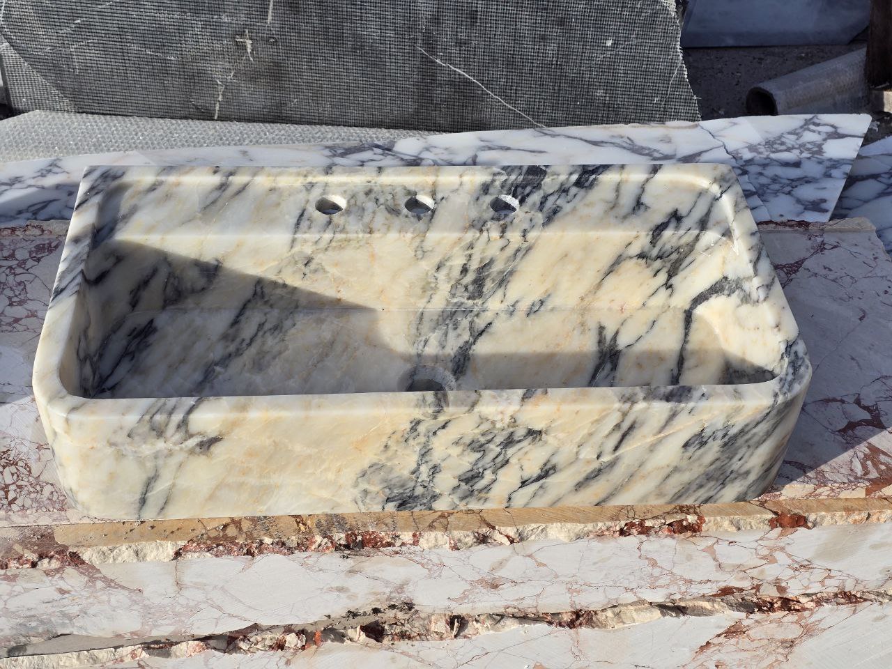 Calacatta Bej Marble Sink 24’’ – Wall Mounted Floating Vanity – Luxury Bathroom Sink Handmade