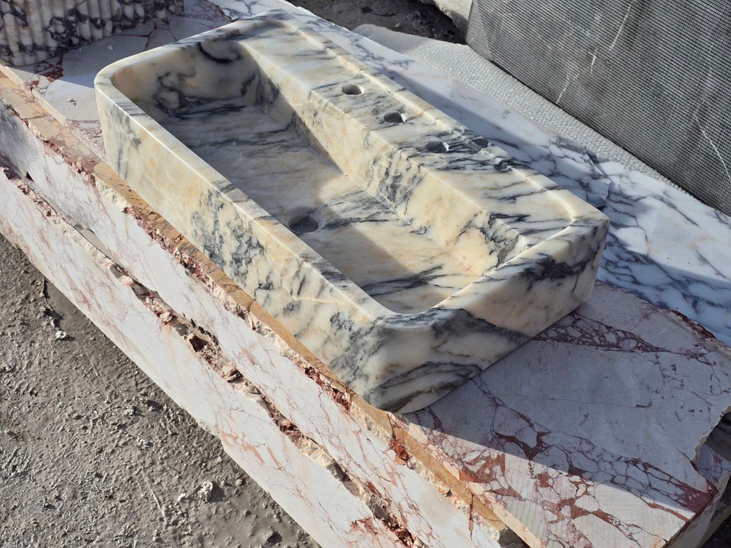 Calacatta Bej Marble Sink 24’’ – Wall Mounted Floating Vanity – Luxury Bathroom Sink Handmade