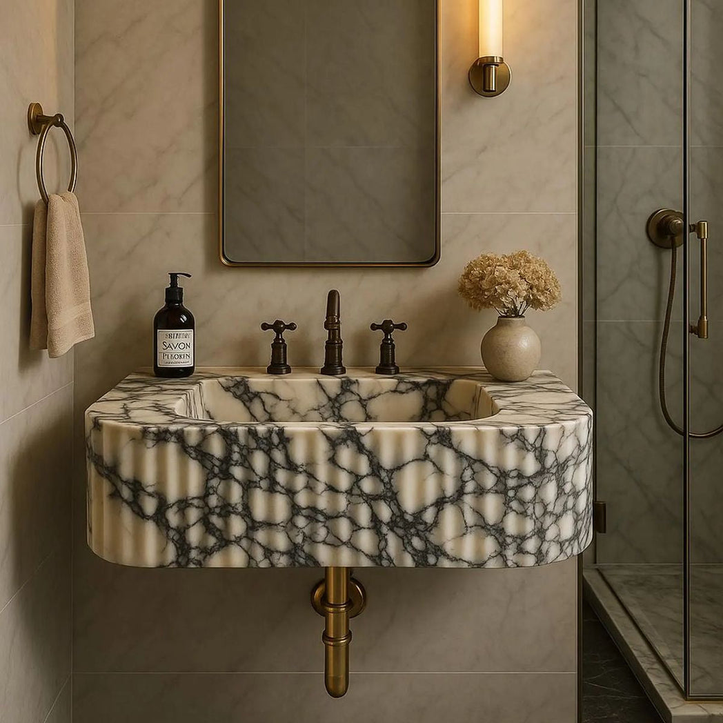 Calacatta Vein Fluted Marble Sink 24’’ – Wall Mounted Floating Vanity – Luxury Bathroom Sink Handmade